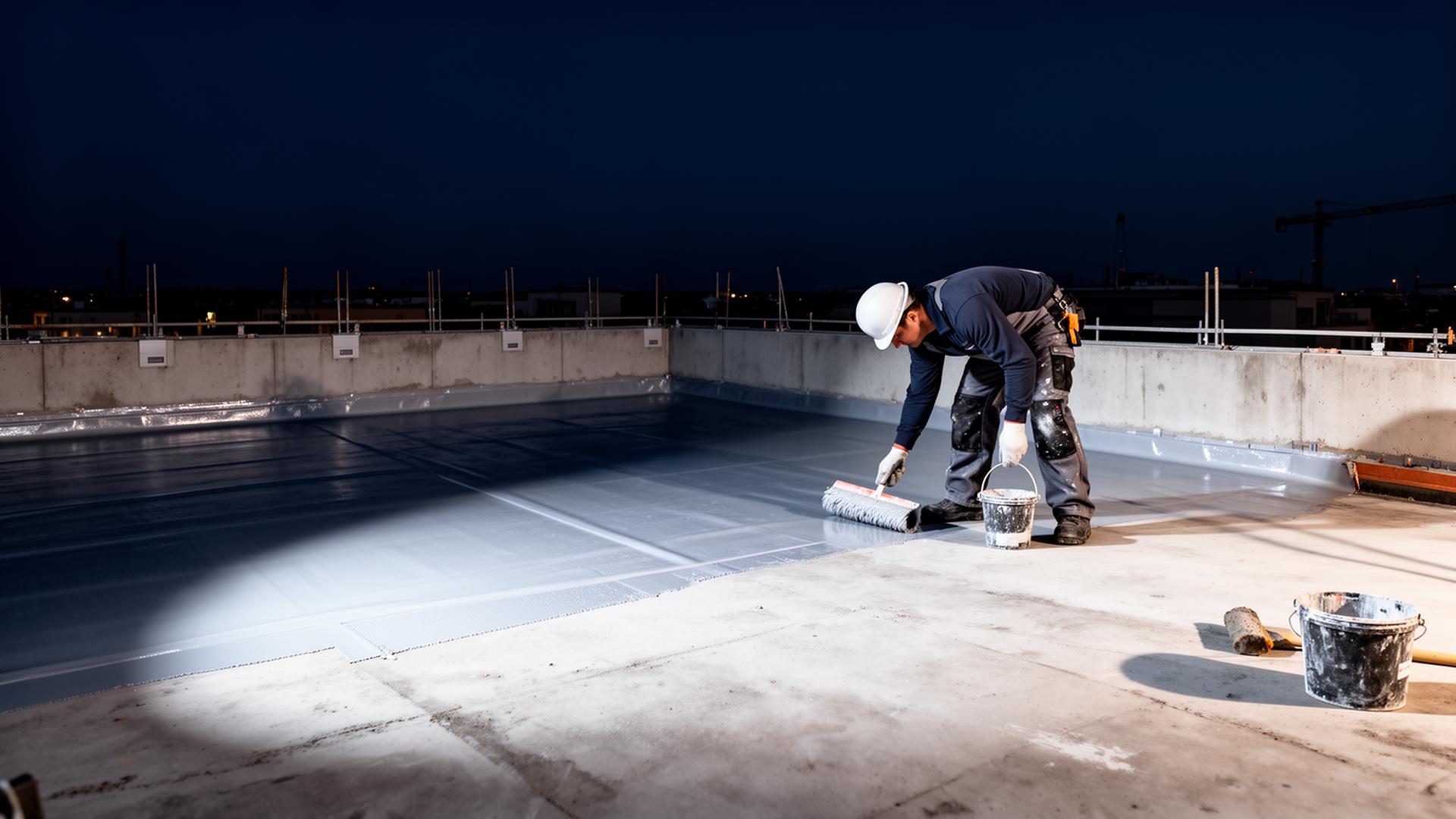 Profissional aplicando impermeabilização em laje de concreto